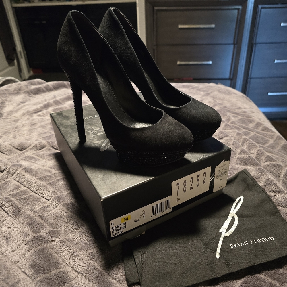 BRIAN ATWOOD Black Suede & Crystal Embellished Platform Heels